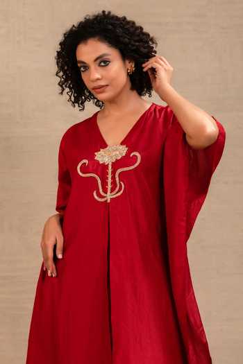 Eeda_Maroon Silk V-neck Silsila Pure Kaftan And Pant Set _at_Aza_Fashions
