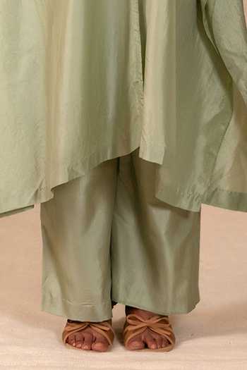 Eeda_Green Silk V-neck Silsila Pure Kaftan And Pant Set _Online_at_Aza_Fashions