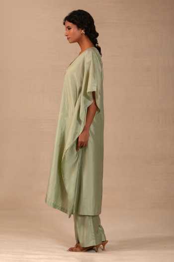 Buy_Eeda_Green Silk V-neck Silsila Pure Kaftan And Pant Set _Online_at_Aza_Fashions