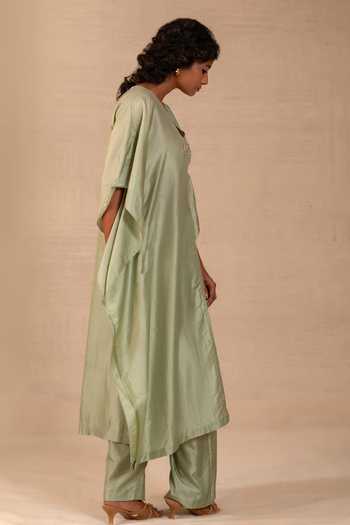 Shop_Eeda_Green Silk V-neck Silsila Pure Kaftan And Pant Set _Online_at_Aza_Fashions