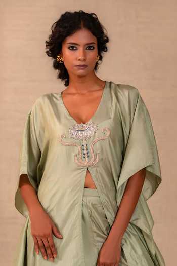 Eeda_Green Silk V-neck Silsila Pure Kaftan And Pant Set _at_Aza_Fashions