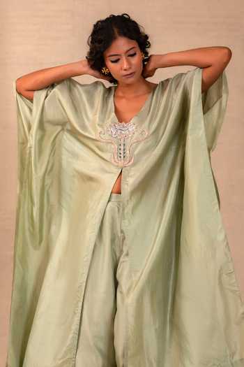 Buy_Eeda_Green Silk V-neck Silsila Pure Kaftan And Pant Set 