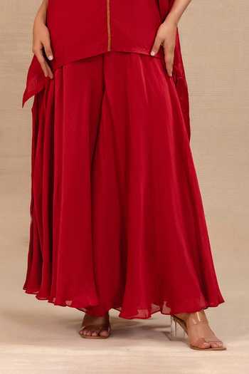 Eeda_Red Silk, Shantoon Round Neck Silsila Kaftan And Palazzo Set _Online_at_Aza_Fashions