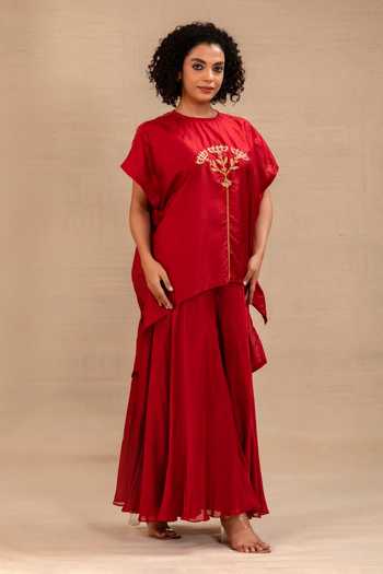 Buy_Eeda_Red Silk, Shantoon Round Neck Silsila Kaftan And Palazzo Set _Online_at_Aza_Fashions