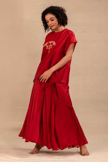 Shop_Eeda_Red Silk, Shantoon Round Neck Silsila Kaftan And Palazzo Set _Online_at_Aza_Fashions