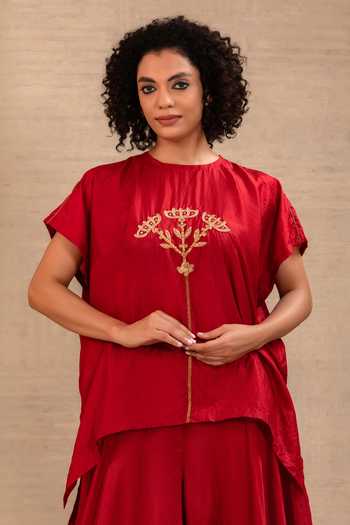 Eeda_Red Silk, Shantoon Round Neck Silsila Kaftan And Palazzo Set _at_Aza_Fashions