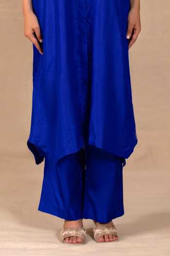 Eeda Blue Silk Collared Neck Silsila Leaf Motif Kurta And Pant Set Online at Aza Fashions Eeda_Blue Silk Collared Neck Silsila Leaf Motif Kurta And Pant Set _Online_at_Aza_Fashions