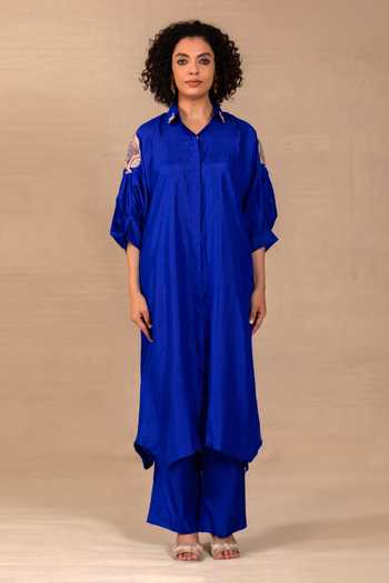 Shop Eeda Blue Silk Collared Neck Silsila Leaf Motif Kurta And Pant Set Online at Aza Fashions Shop_Eeda_Blue Silk Collared Neck Silsila Leaf Motif Kurta And Pant Set _Online_at_Aza_Fashions