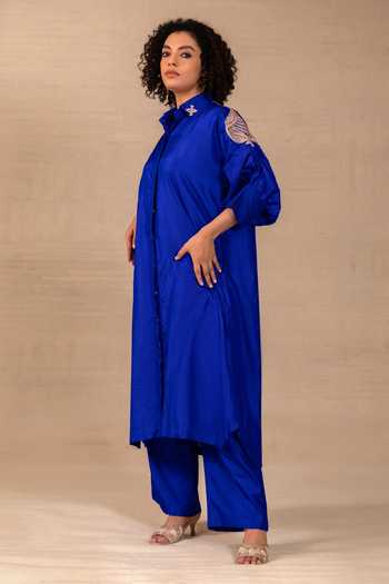 Eeda Blue Silk Collared Neck Silsila Leaf Motif Kurta And Pant Set at Aza Fashions Eeda_Blue Silk Collared Neck Silsila Leaf Motif Kurta And Pant Set _at_Aza_Fashions