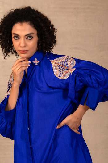 Buy Eeda Blue Silk Collared Neck Silsila Leaf Motif Kurta And Pant Set Buy_Eeda_Blue Silk Collared Neck Silsila Leaf Motif Kurta And Pant Set