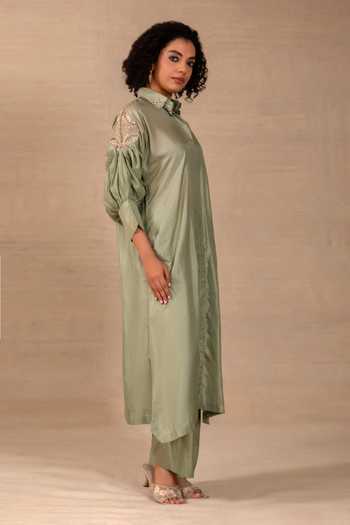 Buy Eeda Green Silk Collared Neck, Yes Silsila Leaf Motif Kurta And Pant Set Online at Aza Fashions Buy_Eeda_Green Silk Collared Neck, Yes Silsila Leaf Motif Kurta And Pant Set _Online_at_Aza_Fashions