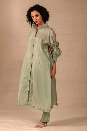Shop Eeda Green Silk Collared Neck, Yes Silsila Leaf Motif Kurta And Pant Set Online at Aza Fashions Shop_Eeda_Green Silk Collared Neck, Yes Silsila Leaf Motif Kurta And Pant Set _Online_at_Aza_Fashions