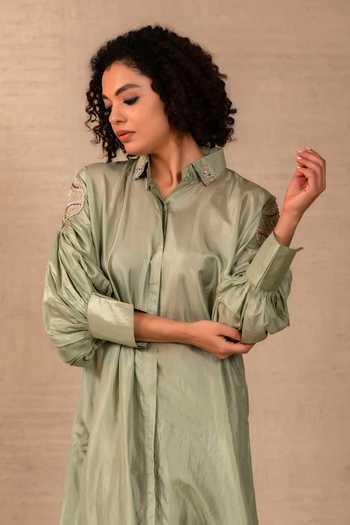 Eeda Green Silk Collared Neck, Yes Silsila Leaf Motif Kurta And Pant Set at Aza Fashions Eeda_Green Silk Collared Neck, Yes Silsila Leaf Motif Kurta And Pant Set _at_Aza_Fashions