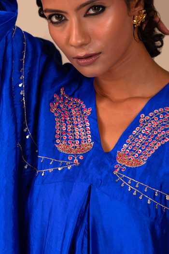 Shop Eeda Blue Silk, Bemberg V-neck Silsila Paisley Embroidered Kaftan And Pant Set Online at Aza Fashions Shop_Eeda_Blue Silk, Bemberg V-neck Silsila Paisley Embroidered Kaftan And Pant Set _Online_at_Aza_Fashions