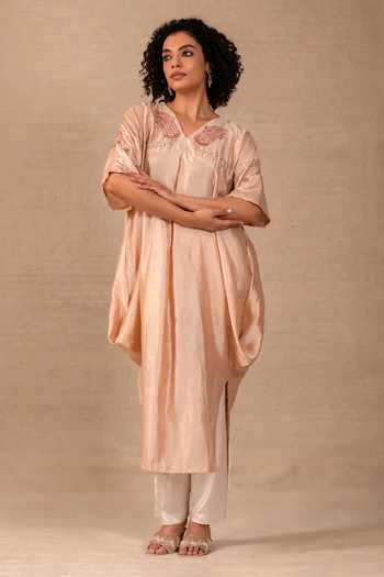 Buy Eeda Ivory Silk, Bemberg V-neck Silsila Paisley Embroidered Kaftan And Pant Set Online at Aza Fashions Buy_Eeda_Ivory Silk, Bemberg V-neck Silsila Paisley Embroidered Kaftan And Pant Set _Online_at_Aza_Fashions