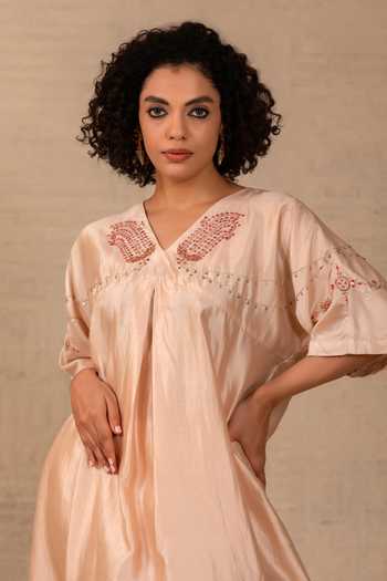 Shop Eeda Ivory Silk, Bemberg V-neck Silsila Paisley Embroidered Kaftan And Pant Set Online at Aza Fashions Shop_Eeda_Ivory Silk, Bemberg V-neck Silsila Paisley Embroidered Kaftan And Pant Set _Online_at_Aza_Fashions