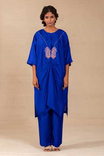 Eeda Blue Silk Round Neck Silsila Paisley Motif Kurta And Pant Set Online at Aza Fashions Eeda_Blue Silk Round Neck Silsila Paisley Motif Kurta And Pant Set _Online_at_Aza_Fashions