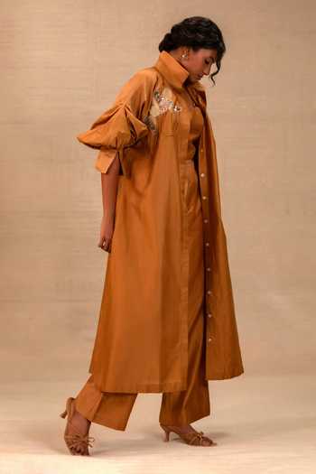 Eeda_Brown Silk, Chanderi Mandarin Collar, Yes Tinka Long Jacket Kurta Set _Online_at_Aza_Fashions