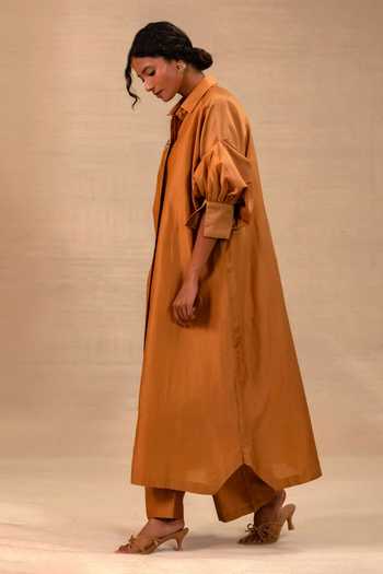 Shop_Eeda_Brown Silk, Chanderi Mandarin Collar, Yes Tinka Long Jacket Kurta Set _Online_at_Aza_Fashions