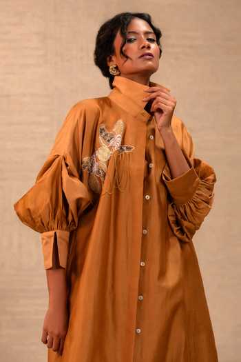 Eeda_Brown Silk, Chanderi Mandarin Collar, Yes Tinka Long Jacket Kurta Set _at_Aza_Fashions