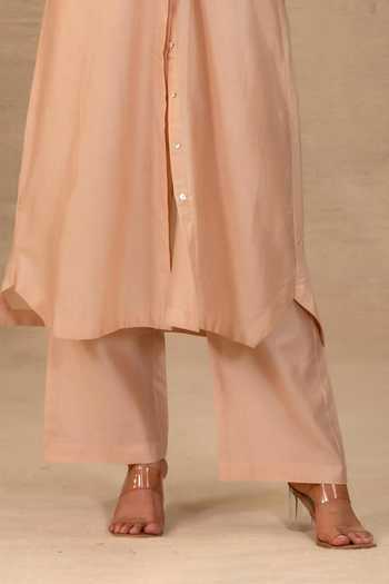 Eeda_Peach Silk, Chanderi, Shantoon Collared Neck Tinka Long Jacket Kurta Set _Online_at_Aza_Fashions