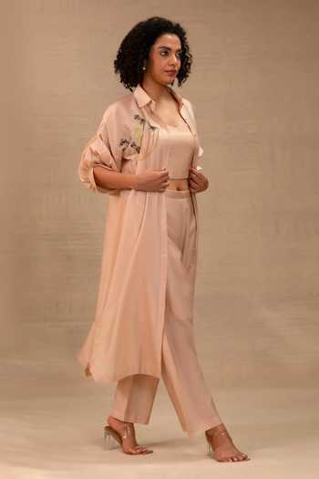 Shop_Eeda_Peach Silk, Chanderi, Shantoon Collared Neck Tinka Long Jacket Kurta Set _Online_at_Aza_Fashions