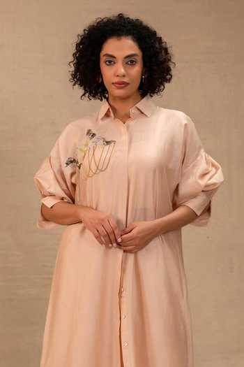 Eeda_Peach Silk, Chanderi, Shantoon Collared Neck Tinka Long Jacket Kurta Set _at_Aza_Fashions