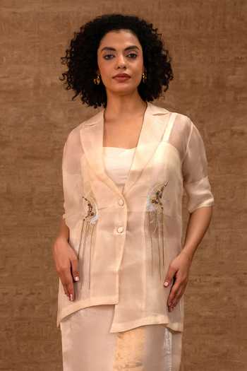 Shop_Eeda_Ivory , Organza, Organza, Tissue, Tinka Embroidered Jacket And Skirt Set _Online_at_Aza_Fashions