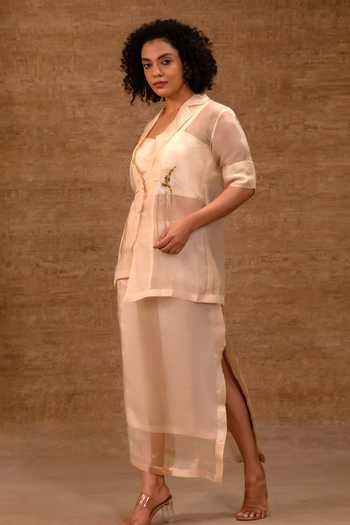 Eeda_Ivory , Organza, Organza, Tissue, Tinka Embroidered Jacket And Skirt Set _at_Aza_Fashions