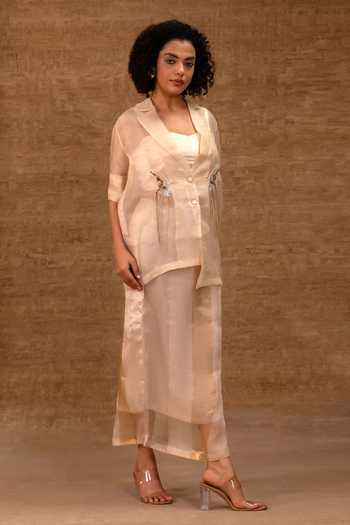 Buy_Eeda_Ivory , Organza, Organza, Tissue, Tinka Embroidered Jacket And Skirt Set 