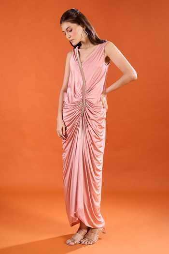 Amit Aggarwal_Pink V-, Asymmetric Pleated Draped Dress _Online_at_Aza_Fashions