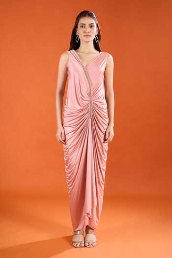 Buy_Amit Aggarwal_Pink V-, Asymmetric Pleated Draped Dress _Online_at_Aza_Fashions