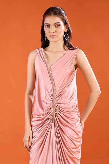 Shop_Amit Aggarwal_Pink V-, Asymmetric Pleated Draped Dress _Online_at_Aza_Fashions