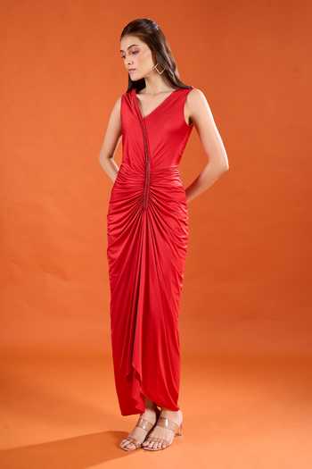 Amit Aggarwal_Red V-neck Gathered Draped Dress _Online_at_Aza_Fashions