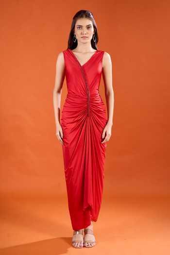 Buy_Amit Aggarwal_Red V-neck Gathered Draped Dress _Online_at_Aza_Fashions