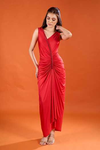 Shop_Amit Aggarwal_Red V-neck Gathered Draped Dress _Online_at_Aza_Fashions