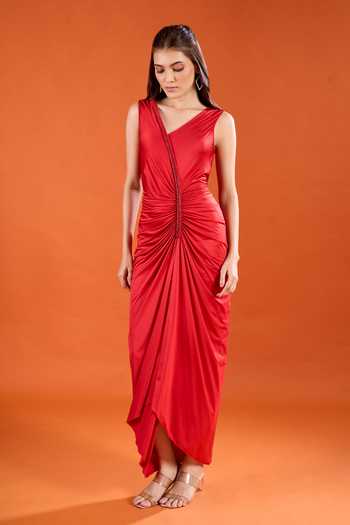 Amit Aggarwal_Red V-neck Gathered Draped Dress _at_Aza_Fashions