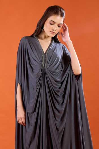 Amit Aggarwal_Grey V-neck Neckline Embellished Draped Dress _Online_at_Aza_Fashions