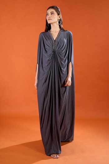 Buy_Amit Aggarwal_Grey V-neck Neckline Embellished Draped Dress _Online_at_Aza_Fashions