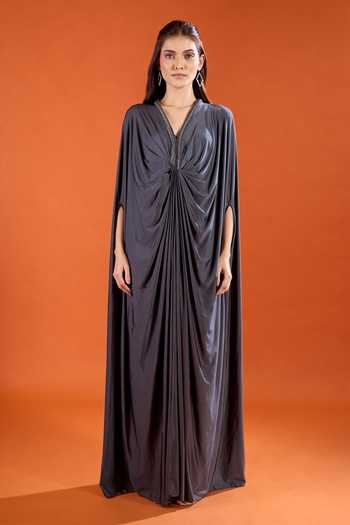 Shop_Amit Aggarwal_Grey V-neck Neckline Embellished Draped Dress _Online_at_Aza_Fashions