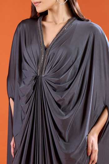 Buy_Amit Aggarwal_Grey V-neck Neckline Embellished Draped Dress 