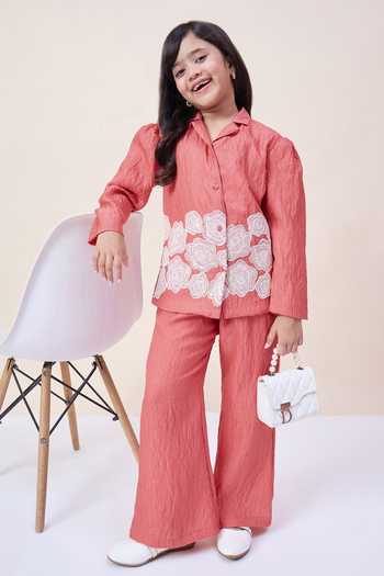StyloBug_Orange Polyester Embroidered Shirt And Pant Set _Online_at_Aza_Fashions
