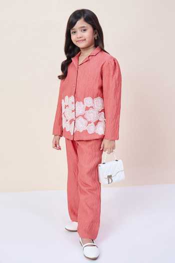 Shop_StyloBug_Orange Polyester Embroidered Shirt And Pant Set _Online_at_Aza_Fashions