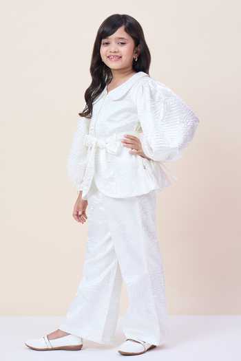 StyloBug_White Polyester Textured Shirt And Pant Set _Online_at_Aza_Fashions