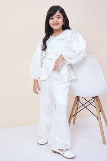 Shop_StyloBug_White Polyester Textured Shirt And Pant Set _Online_at_Aza_Fashions