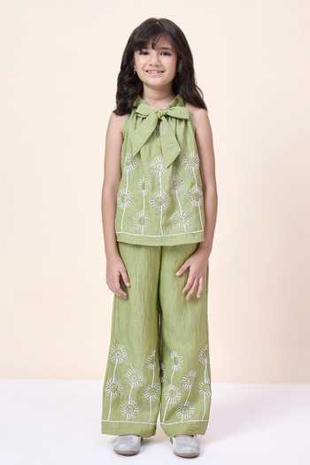 Buy StyloBug Green Polyester Embroidered Sleeveless Top And Pant Set Online at Aza Fashions Buy_StyloBug_Green Polyester Embroidered Sleeveless Top And Pant Set _Online_at_Aza_Fashions