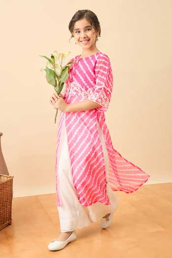 StyloBug_Pink Polyester Leheriya Print Slit Kurta And Pant Set _Online_at_Aza_Fashions