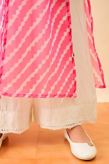 Shop_StyloBug_Pink Polyester Leheriya Print Slit Kurta And Pant Set _Online_at_Aza_Fashions