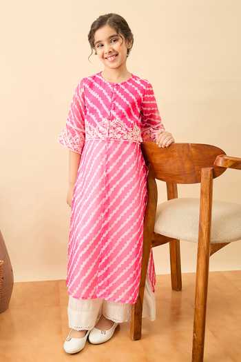 Buy_StyloBug_Pink Polyester Leheriya Print Slit Kurta And Pant Set 