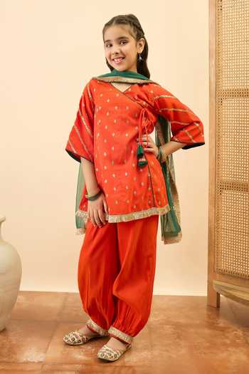 StyloBug Orange Viscose Embroidered Angarkha Kurta Set Online at Aza Fashions StyloBug_Orange Viscose Embroidered Angarkha Kurta Set _Online_at_Aza_Fashions